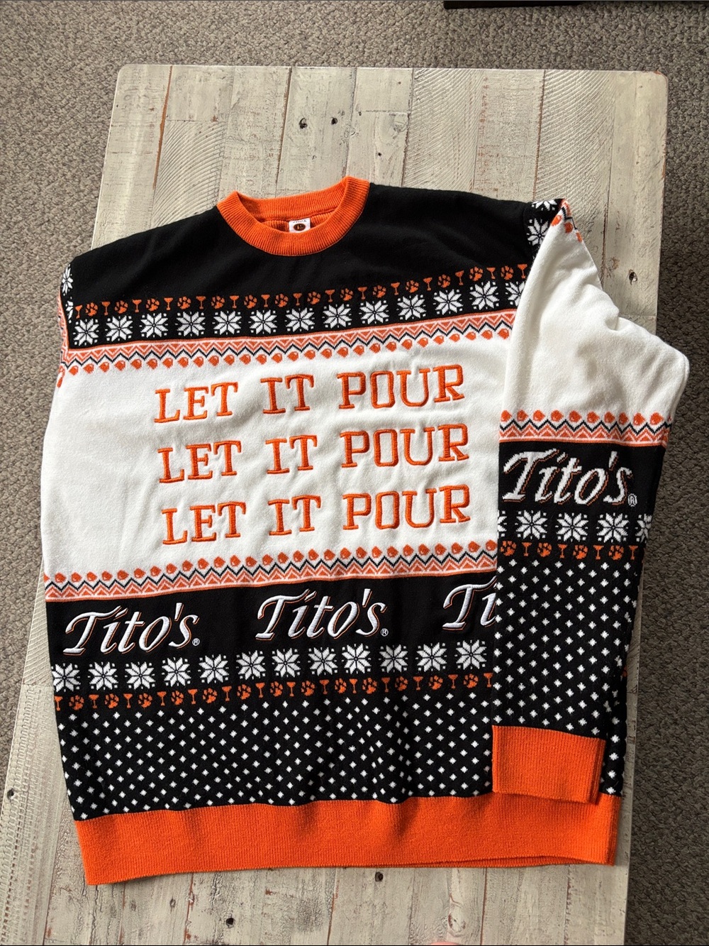 Tito's 'Let It Pour' “Ugly”Christmas Sweater in Orange, Black & White